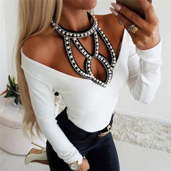 women's t-shirt fashion women off shoulder pearl t shirt hollow out long sleeve slim tee femme autumn dames ol tshirt streetwear, White
women's t-shirt fashion women off shoulder pearl t shirt hollow out long sleeve slim tee femme autumn dames ol tshirt streetwear, White