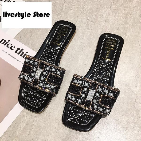 2021 summer ladies pearl rhinestone slipper sandals good quality flat shoes outdoor holiday fashion slippers, Black 
2021 summer ladies pearl rhinestone slipper sandals good quality flat shoes outdoor holiday fashion slippers, Black