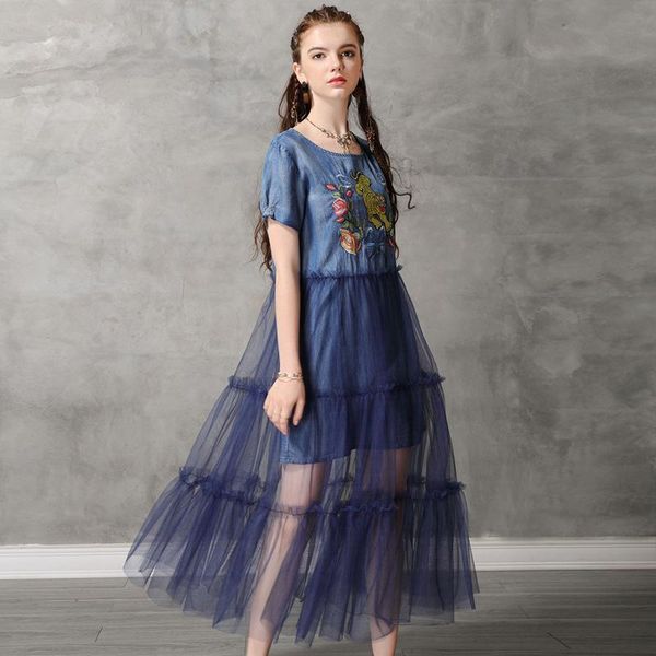 party dresses summer vintage denim woman dress retro style short sleeve o-neck embroidered mesh patchwork loose casual long, White;black
party dresses summer vintage denim woman dress retro style short sleeve o-neck embroidered mesh patchwork loose casual long, White;black