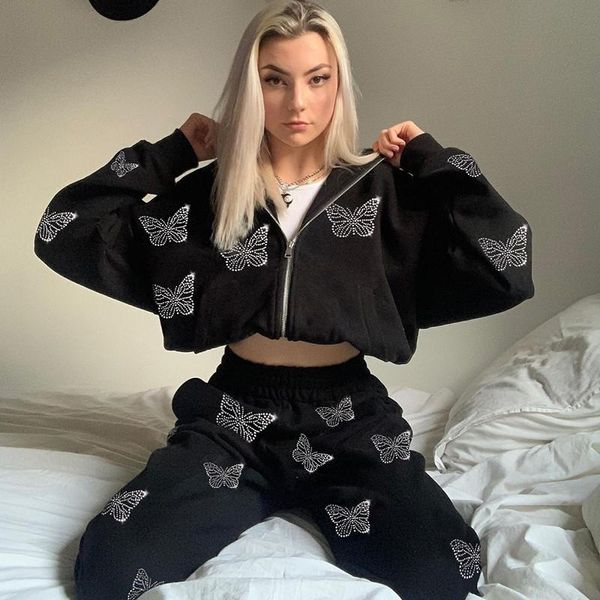 women's hoodies & sweatshirts butterfly print fairycore grunge rhinestone tracksuits plus size zippper sweatshirt sweatpant streetwear, Black
women's hoodies & sweatshirts butterfly print fairycore grunge rhinestone tracksuits plus size zippper sweatshirt sweatpant streetwear, Black