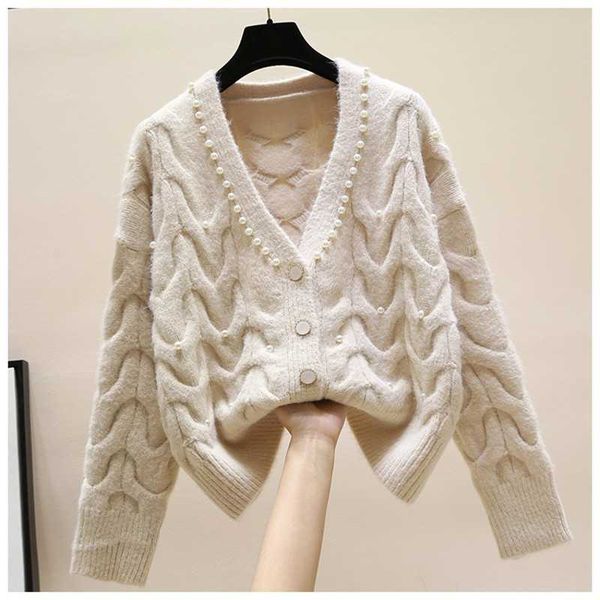 sweet beaded v-neck knitted cardigan women's spring fashion all-match outer wear sweater 210601, White
sweet beaded v-neck knitted cardigan women's spring fashion all-match outer wear sweater 210601, White