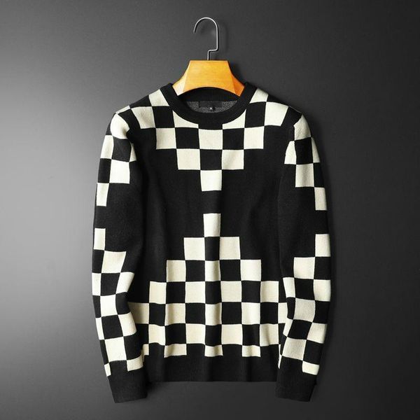 men's sweaters arrival men sweater monochrome checkered computer knitter long-sleeved acrylic polyester pullover with o-neck collar, White;black 
men's sweaters arrival men sweater monochrome checkered computer knitter long-sleeved acrylic polyester pullover with o-neck collar, White;black