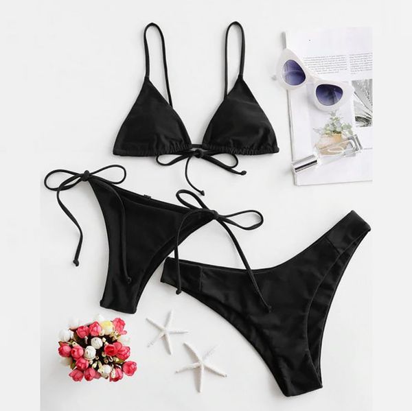 women bikini effen set three stuk filled beha badmode beachwear badpak, White;black