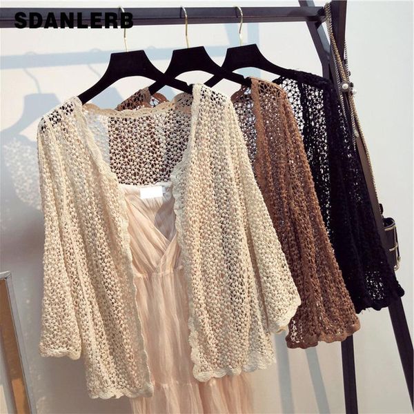 women's jackets 2021 spring/summer lazy wind coat short loose shawl thin sun protection cardigan hollow knitted for women, Black;brown