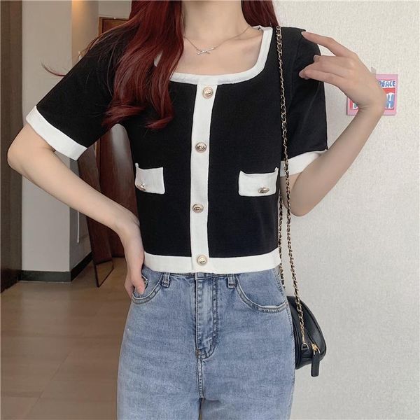 women's t-shirt korean fashion woman t-shirts square collar button up short sleeve t shirts knitted summer slim women 2021, White
women's t-shirt korean fashion woman t-shirts square collar button up short sleeve t shirts knitted summer slim women 2021, White