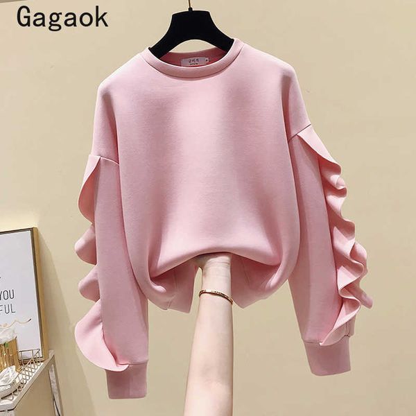 women sweet hoodies spring autumn solid o-neck ruffles simple sweatshirts loose casual korean fashion pullovers 210531, Black
women sweet hoodies spring autumn solid o-neck ruffles simple sweatshirts loose casual korean fashion pullovers 210531, Black