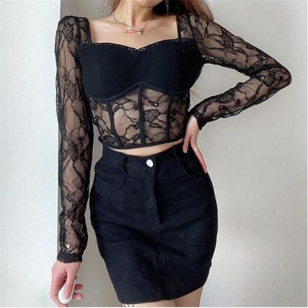women's t-shirt t-shirts lace floral black see-through tee shirts long sleeves casual square collar crop stitching bodycon top, White
women's t-shirt t-shirts lace floral black see-through tee shirts long sleeves casual square collar crop stitching bodycon top, White