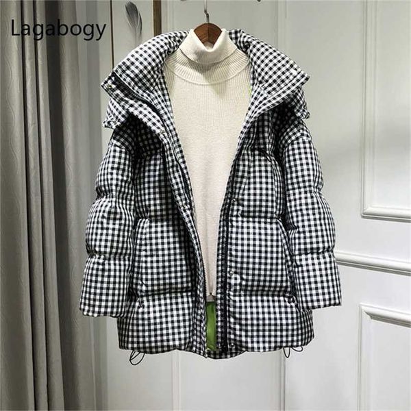 lagabogy winter coat women hooded black white plaid puffer jacket 90% duck down parkas thick warm loose outwear 211216 
lagabogy winter coat women hooded black white plaid puffer jacket 90% duck down parkas thick warm loose outwear 211216