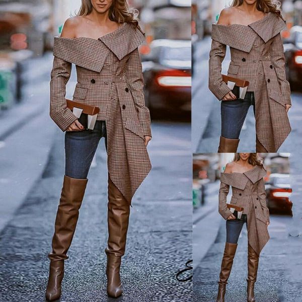 women's blouses & shirts off shoulder plaid irregular collar button blouse autumn, White
women's blouses & shirts off shoulder plaid irregular collar button blouse autumn, White