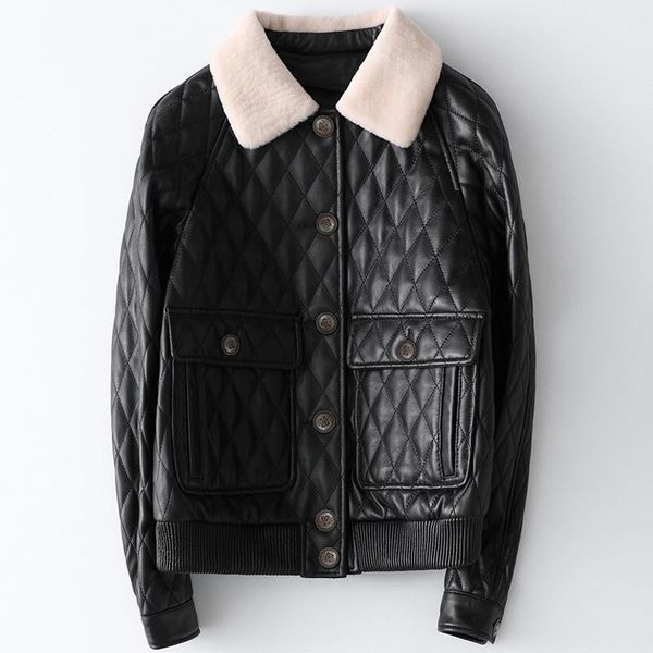 women's leather & faux autumn winter chic sheepskin real jackets wool collar genuine pockets coat for women c233, Black
women's leather & faux autumn winter chic sheepskin real jackets wool collar genuine pockets coat for women c233, Black
