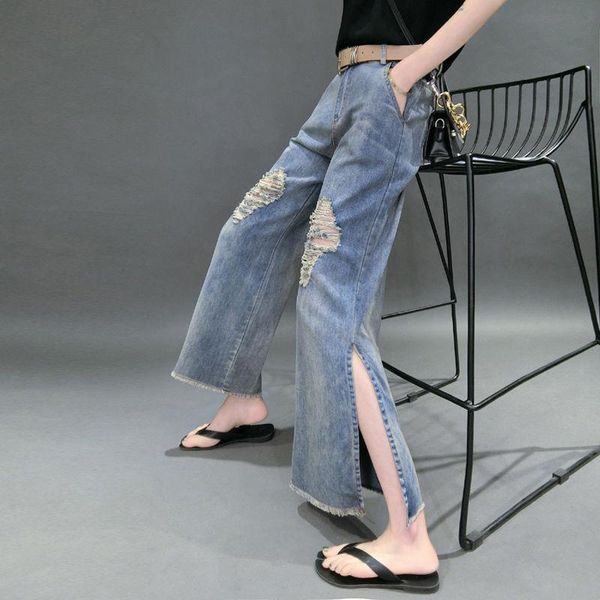 women's jeans 2021 spring autumn women casual hole cotton denim ankle-length pants button waist loose split wide leg w585, Blue
women's jeans 2021 spring autumn women casual hole cotton denim ankle-length pants button waist loose split wide leg w585, Blue