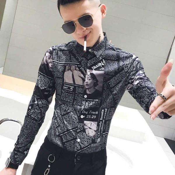 personalized spaper printed men's shirt slim streetwear casual shirt long sleeve social party nightclub blouse chemise homme 210527, White;black
personalized spaper printed men's shirt slim streetwear casual shirt long sleeve social party nightclub blouse chemise homme 210527, White;black