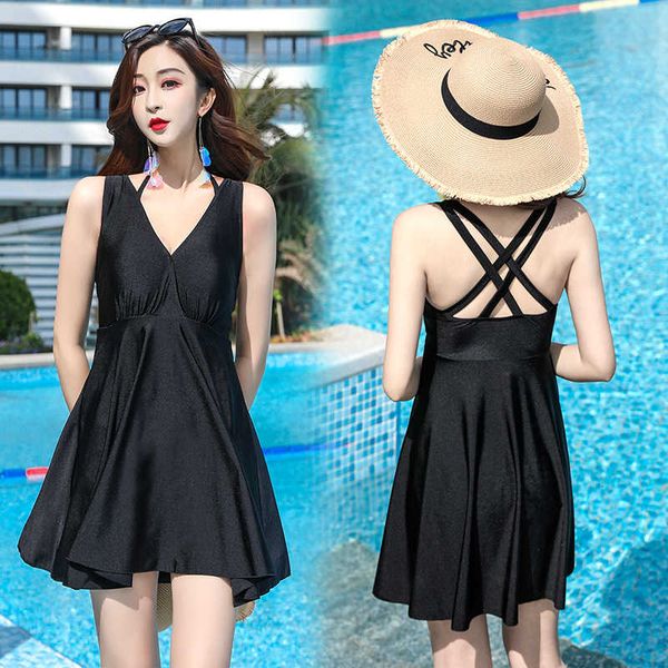 2021 new open back low cut conservative thin cover belly spring dress women's swimsuit, White;black
2021 new open back low cut conservative thin cover belly spring dress women's swimsuit, White;black