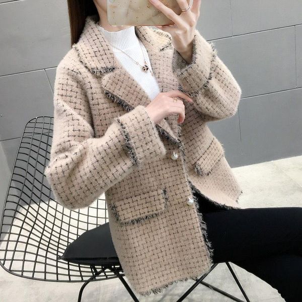 women's knits & tees ladies plaid imitation mink velvet jacket women 2021 korean loose short sweater knitted cardigan spring and autumn, White
women's knits & tees ladies plaid imitation mink velvet jacket women 2021 korean loose short sweater knitted cardigan spring and autumn, White