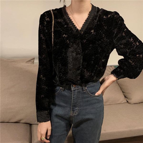 black velvet v neck chic regular gentle 2021 new loose dark flowers office lady all match elegant blouses shirts, White
black velvet v neck chic regular gentle 2021 new loose dark flowers office lady all match elegant blouses shirts, White