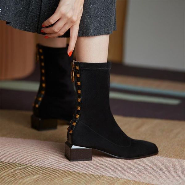 boots winter women 2021 ankle heel patent leaather with rivet thick square toe cool elastic shoes, Black
boots winter women 2021 ankle heel patent leaather with rivet thick square toe cool elastic shoes, Black