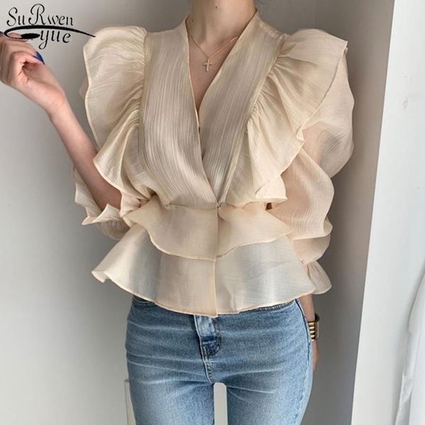 women's blouses & shirts 2021 waist hugging slimming chiffon blouse solid sweet fashion woman's shirt vintage ruffled deep v-neck, White
women's blouses & shirts 2021 waist hugging slimming chiffon blouse solid sweet fashion woman's shirt vintage ruffled deep v-neck, White
