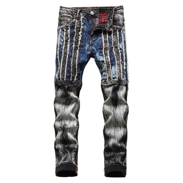 men's jeans patchwork ripped est trendy streetwear slim straight stretch denim pants mid waist washed trousers, Blue
men's jeans patchwork ripped est trendy streetwear slim straight stretch denim pants mid waist washed trousers, Blue