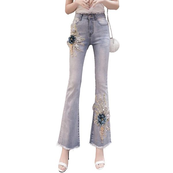 women's jeans light-colored spring and autumn high waist was thin trendy wild embroidered beaded denim flared pants, Blue
women's jeans light-colored spring and autumn high waist was thin trendy wild embroidered beaded denim flared pants, Blue