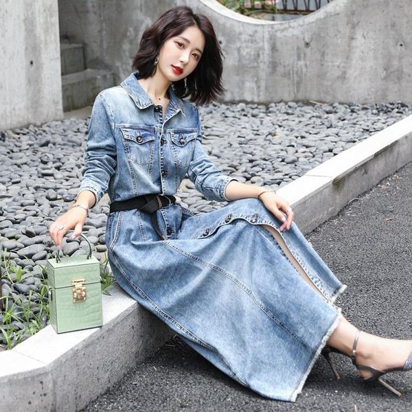 casual dresses spring autumn women single breasted ankle length long denim dress vintage office ladies sleeve belted slim fit jean, Black;gray
casual dresses spring autumn women single breasted ankle length long denim dress vintage office ladies sleeve belted slim fit jean, Black;gray