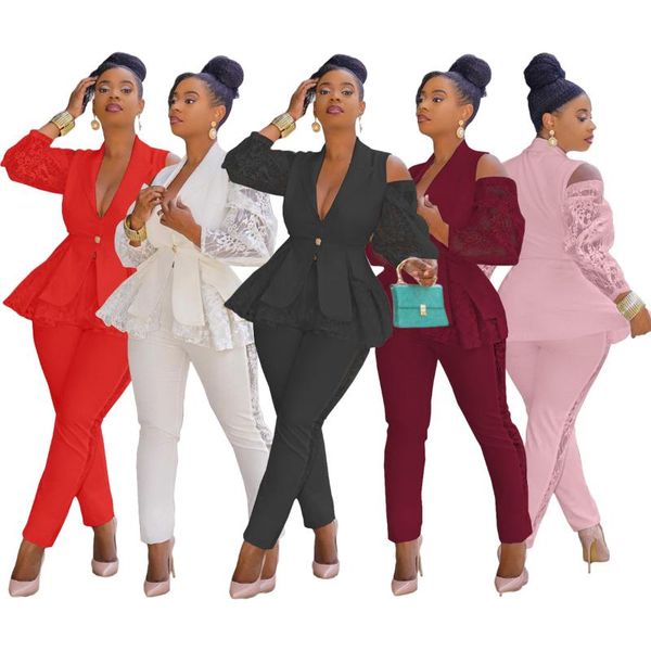 women's two piece pants women lace patchwork 2 set button deep v suit coat pencil business casual office lady wear matching sets, White
women's two piece pants women lace patchwork 2 set button deep v suit coat pencil business casual office lady wear matching sets, White