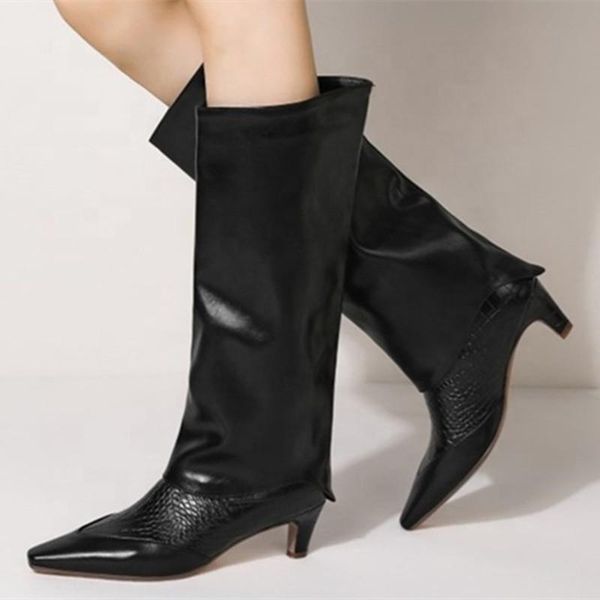 boots handmade women slip-on pointy toe knee high long 5 cm heel animal print patchwork fashion, Black
boots handmade women slip-on pointy toe knee high long 5 cm heel animal print patchwork fashion, Black