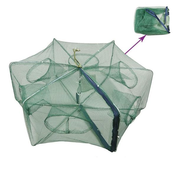 folded portable hexagon fishing nets cages fish net 6/8/12/16 holes crayfish automatic trap shrimp crab baits cast mesh trap bag