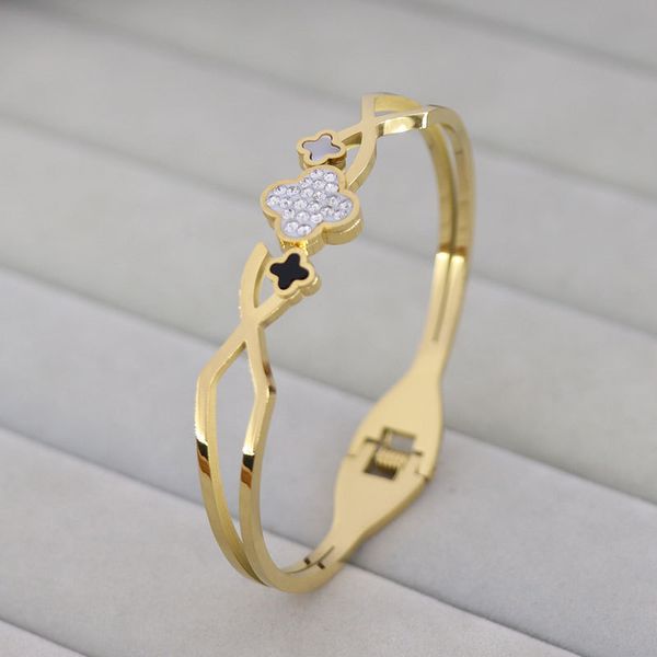 design jewelry gold plated titanium stainless steel bracelet fashion personalized clover diamond inlaid open bracelet, White
design jewelry gold plated titanium stainless steel bracelet fashion personalized clover diamond inlaid open bracelet, White