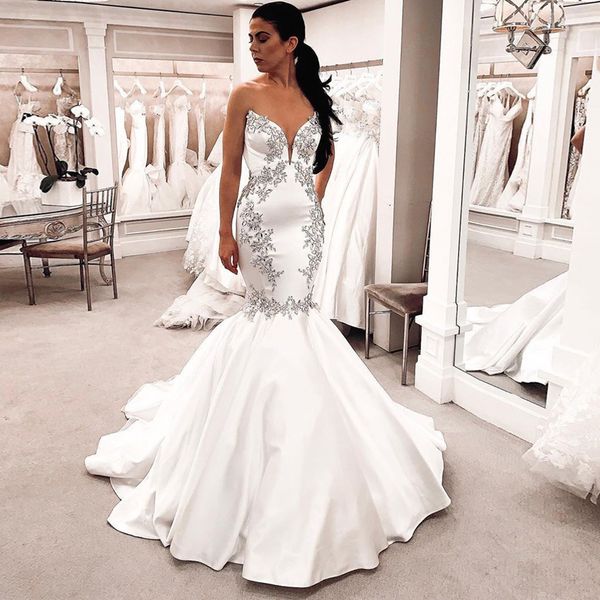 strapless mermaid wedding dresses with silver appliques sweep train sweetheart lace-up back satin bridal gowns, White
strapless mermaid wedding dresses with silver appliques sweep train sweetheart lace-up back satin bridal gowns, White