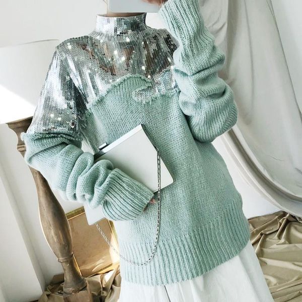 women's sweaters 2021 green turtleneck sequin pullovers casual autumn winter knitting sweater sequined loose patchwork long sleeve, White;black
women's sweaters 2021 green turtleneck sequin pullovers casual autumn winter knitting sweater sequined loose patchwork long sleeve, White;black