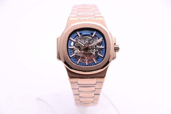 brand everose gold case blue skeleton dial aehibo automatic movement men watch glass back hardlex glass stainless steel mens wristwatches, Slivery;brown 
brand everose gold case blue skeleton dial aehibo automatic movement men watch glass back hardlex glass stainless steel mens wristwatches, Slivery;brown
