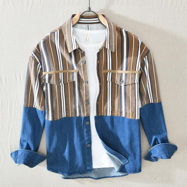 2021 spring new men's stitching denim long-sleeved shirt youth striped color matching shirt, White;black
2021 spring new men's stitching denim long-sleeved shirt youth striped color matching shirt, White;black