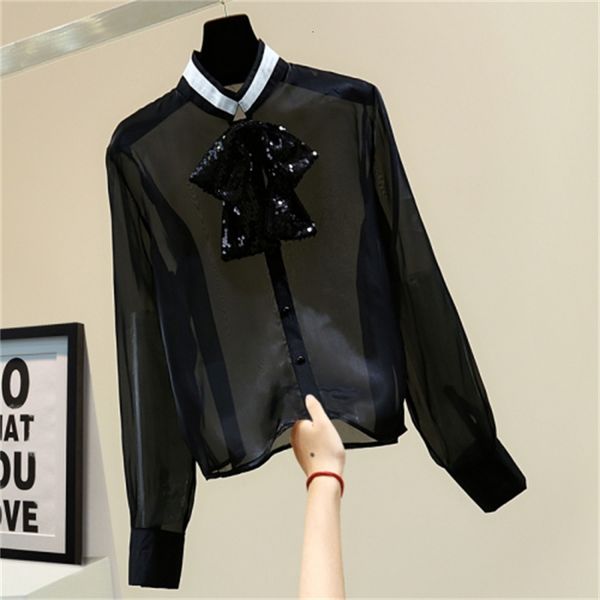 female lustrous shirt 2021 korean-style spring loose elegant long sleeve bow sequins blouse detq, Black
female lustrous shirt 2021 korean-style spring loose elegant long sleeve bow sequins blouse detq, Black