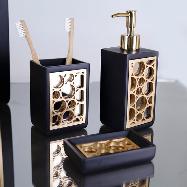 bath accessory set bubble bathroom of 3 black gold color with liquid soap dispenser, toothbrush holder, dispenser
bath accessory set bubble bathroom of 3 black gold color with liquid soap dispenser, toothbrush holder, dispenser