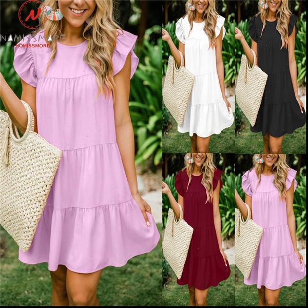 elegant women summer solid color a line dress fold design rufles decor o neck ruffles short sleeve casual loose mini dress, Black;gray
elegant women summer solid color a line dress fold design rufles decor o neck ruffles short sleeve casual loose mini dress, Black;gray