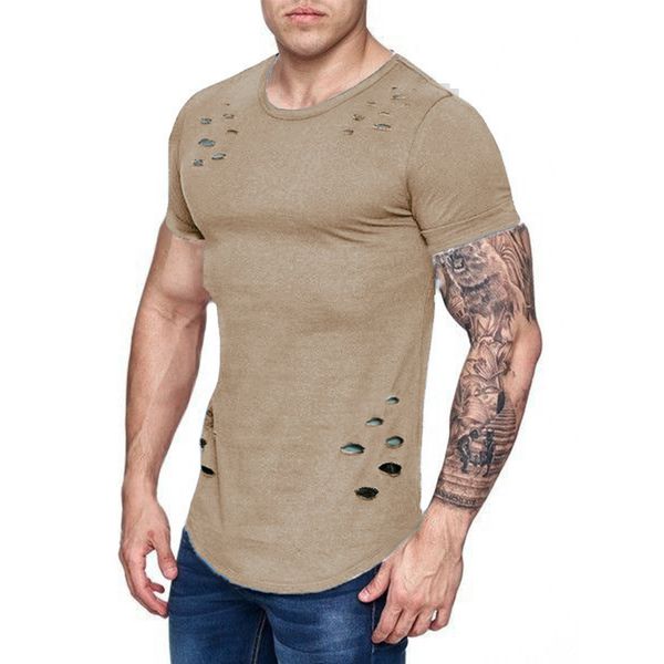 men ripped solid color loose fit round neck t-shirts casual hollow out curved short sleeves tees, White;black
men ripped solid color loose fit round neck t-shirts casual hollow out curved short sleeves tees, White;black