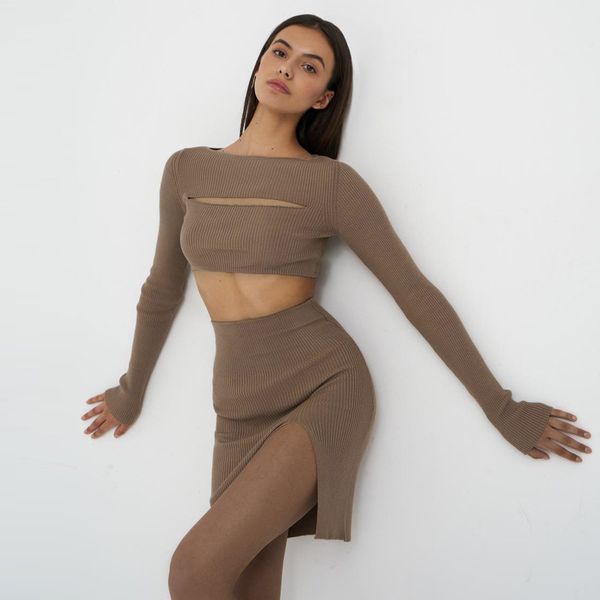 2 piece set women hollow out sling crop bodycon split skirt club outfits autumn dress long sleeve matching sets, Black;gray
2 piece set women hollow out sling crop bodycon split skirt club outfits autumn dress long sleeve matching sets, Black;gray