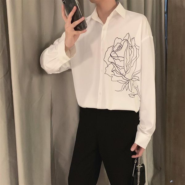 spring and autumn new design line rose print korean long sleeve black white shirt men's wide, White;black
spring and autumn new design line rose print korean long sleeve black white shirt men's wide, White;black