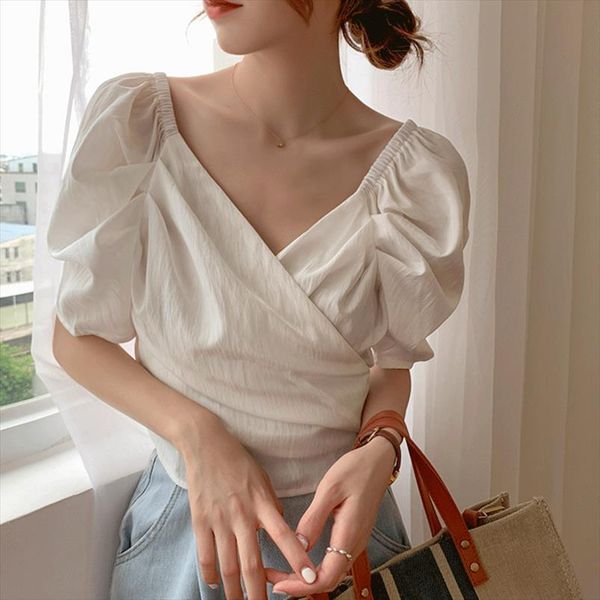 crop summer vintage women shirt v neck short sleeve for lace up ladies korean, White
crop summer vintage women shirt v neck short sleeve for lace up ladies korean, White