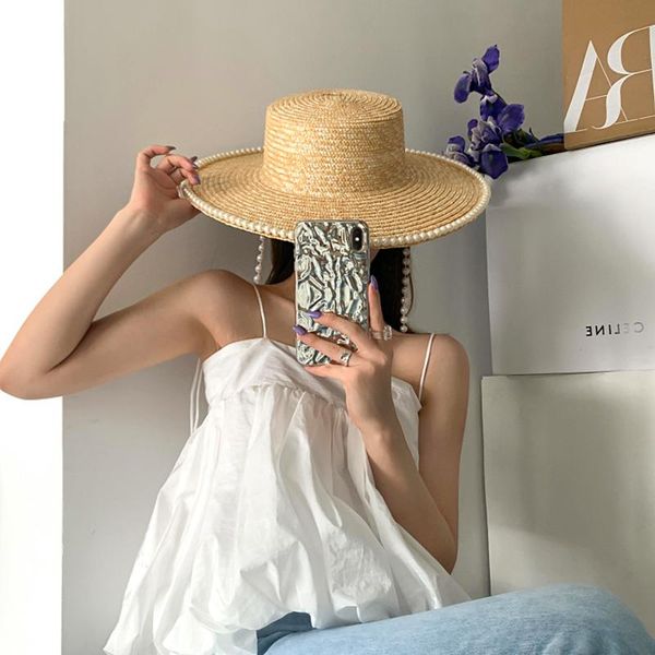 wide brim hats panama summer hat flat fedora pearl chain decoration sun protection cap female straw for women beach, Blue;gray
wide brim hats panama summer hat flat fedora pearl chain decoration sun protection cap female straw for women beach, Blue;gray