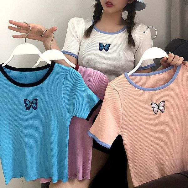 short sleeve patched o-neck knitted t-shirts girls solid stretchy front butterfuly crop thin summer tees for women, White
short sleeve patched o-neck knitted t-shirts girls solid stretchy front butterfuly crop thin summer tees for women, White