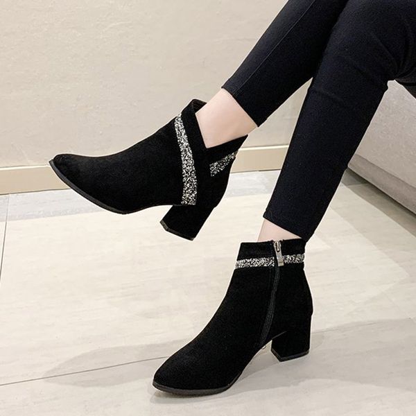 high heels ankle boots 2021 winter new fashion bling booties square heeled pointed toe dress shoes flock botas retro mujer 8489n, Black
high heels ankle boots 2021 winter new fashion bling booties square heeled pointed toe dress shoes flock botas retro mujer 8489n, Black