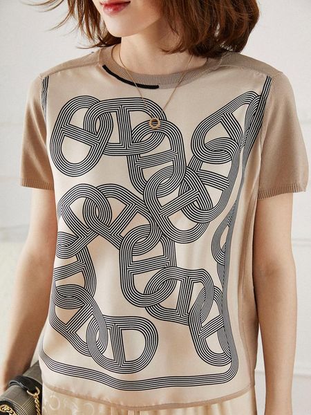women's t-shirt high end printed silk summer splicing ice knitwear short sleeve mulberry shirt, White
women's t-shirt high end printed silk summer splicing ice knitwear short sleeve mulberry shirt, White