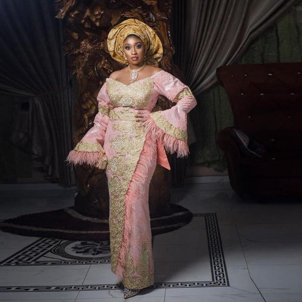 party dresses peach pink evening aso ebi floor length gold appliques feather prom gown plus size ruffles sleeves formal dress, White;black
party dresses peach pink evening aso ebi floor length gold appliques feather prom gown plus size ruffles sleeves formal dress, White;black