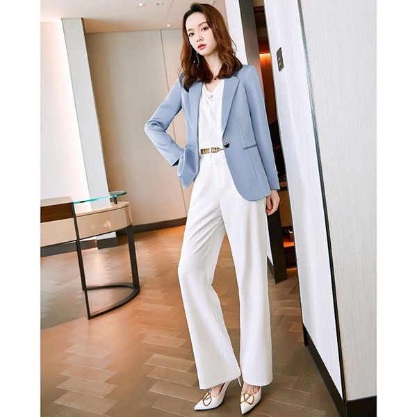 women's two piece pants ladies casual blazer loose pant 2 pieces set, White