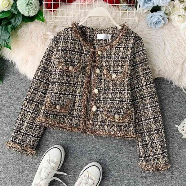 autumn winter vintage tweed jacket coat women small fragrance patchwork korean woollen cropped coats elegant short outerwear 210914, Black;brown 
autumn winter vintage tweed jacket coat women small fragrance patchwork korean woollen cropped coats elegant short outerwear 210914, Black;brown