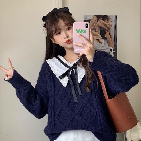 2021 new autumn loose bow stitching pullover knitted sweater women cute fashion 8y18, White;black
2021 new autumn loose bow stitching pullover knitted sweater women cute fashion 8y18, White;black