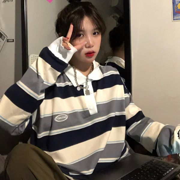 women's t-shirt 2021 spring ladies turn-down collar clothing striped long sleeve t-shirts female ins hipster loose causal tees, White
women's t-shirt 2021 spring ladies turn-down collar clothing striped long sleeve t-shirts female ins hipster loose causal tees, White