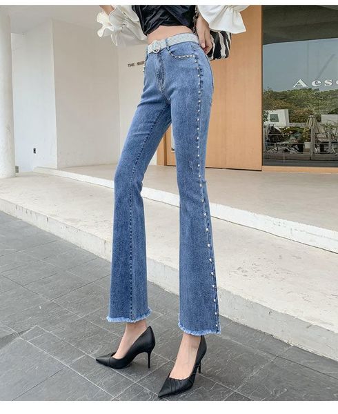 women's jeans spring fashion high waist pearl flared pants ankle-length trousers., Blue
women's jeans spring fashion high waist pearl flared pants ankle-length trousers., Blue