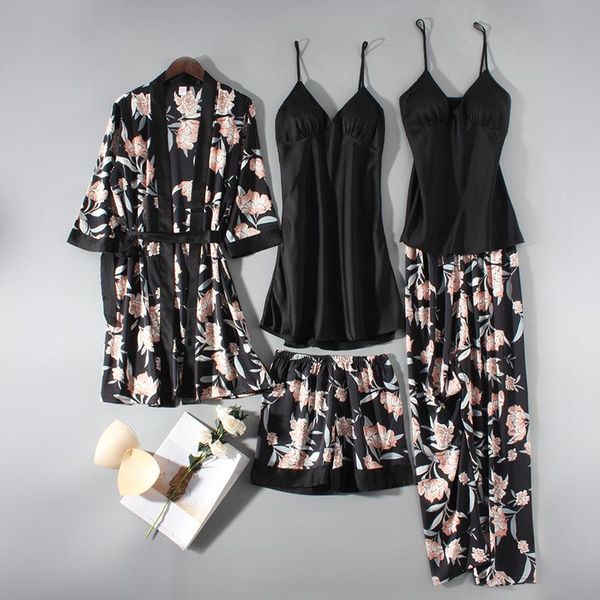 women's sleepwear black flower pajamas set women satin 5pcs spring summer robe suit full slip trousers femme loungewear sleep, Black;red
women's sleepwear black flower pajamas set women satin 5pcs spring summer robe suit full slip trousers femme loungewear sleep, Black;red